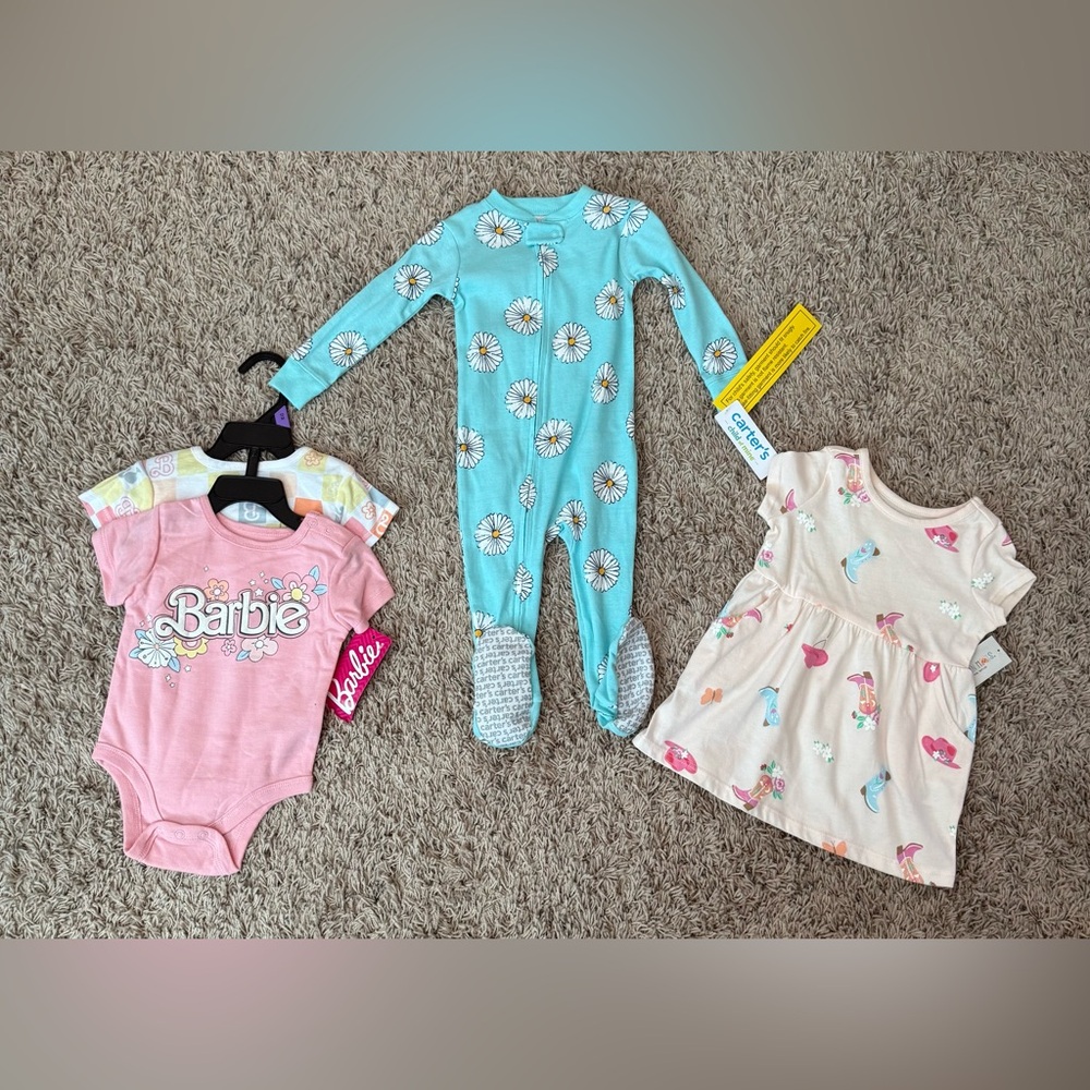 Baby Bundle 3 Sets Total Barbie Set, Dress, Carter’s Footed PJ’s Size: 12 Months